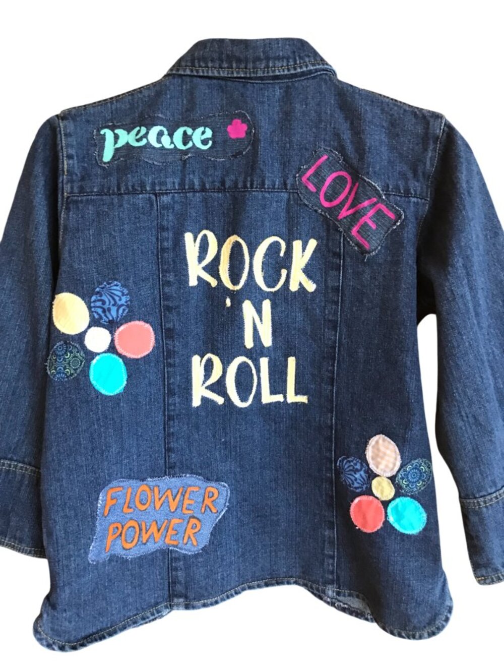 Painted Jean Jacket, Upcycled Denim Shirt, Rock and Roll Hippie Top, Size Medium